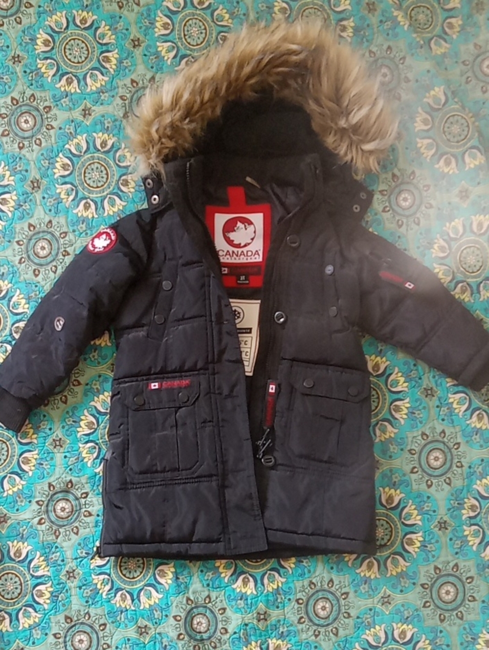 Canada Weatherproof Black Puffer Parka with Faux Fur Hood